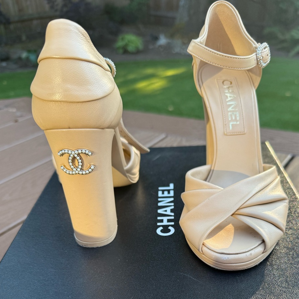 CHANEL Beige Women's Heels with Logo Detail